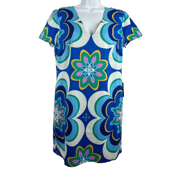 Donna Martin Bold Blue Floral Kaleidoscope Back Zip A Line Dress Size 6 NEW - Picture 1 of 8